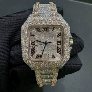 Reloj de Pulsera Premium con Caja Cuadrada de Acero Inoxidable Plateado, Movimientos Suizos, Diamantes Moissanite, Totalmente Engastado, Mecánico Personalizado con Fecha, Estilo Hip Hop - Product Image 1