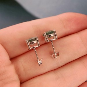 Delicado musgo ágata Stud pendientes clásico 4 puntas cesta ajuste redondo verde piedra Push Back 925 plata esterlina 14K chapado en oro - Product Image 4