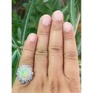 925 Silver Natural <b>Opal</b> Cluster <b>Ring</b> Dainty Geometric Design Oval Cut Stone Rhodium Fine for Everyday Wear Yellow <b>Gold</b> Oval - Product Image 4