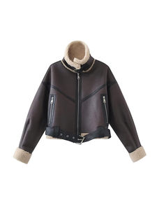 Femmes Chic Vintage Casual Short Outerwear Respirant Fleece & PU Leather Smart Warm & Fashionable Pattern pour l'hiver - Product Image 4