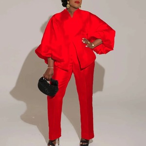 ชุดกางเกง2ชิ้นสุดหรูสำหรับผู้หญิงชุดเสื้อเบลาส์ผ้าซาตินคอวีแขนยาวกางเกงขายาวทรงตรงหรูหราสำหรับผู้หญิง - Product Image 5