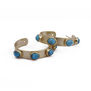 Turquoise Gemstone Décembre Birthstone Hoop Boucles D'oreilles En Laiton Plaqué Or À La Mode Designer Forme Ovale Collet Ensemble À La Mode - Product Image 3
