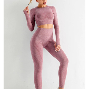 OEM Custom Logo Women Solid High Waist Yoga Set Breathable Seamless Sports <b>Bra</b> Leggings Elastic Waist Front 1 Piece - Product Image 1