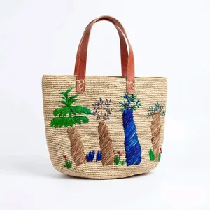 Bolso Tote de Rafia Bordado con Diseño de Baobab y Árbol Floral, Estilo Bohemio, para Playa, Verano, Abierto - Product Image 1