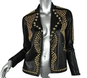 Chaqueta de Cuero de Oveja Negra Estilo Punk con Tachuelas, Tejida, Transpirable, de Alta Calidad, Cuero Genuino para Mujer - Product Image 1