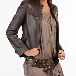 Chaqueta de cuero de piel de cordero marrón oscuro recubierta de alta calidad, cuello levantado, logotipo frontal, ropa de abrigo impermeable informal elegante para hombres y mujeres - Product Image 1