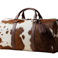 Bolsa de Viaje de Cuero Genuino de Primera Calidad, Color Marrón y Blanco, con Cierre de Cremallera y Asa Extensible, Hecha a Mano