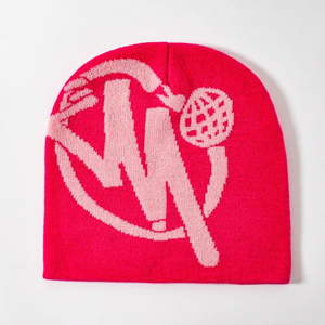 Gorro de Jacquard con logotipo personalizado al por mayor, gorro de punto acrílico con estampado completo, gorro con patrón de letras para viajes - Product Image 1