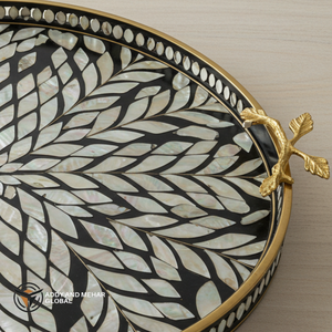 <b>Indian</b> Supplier Offers Luxury Mother of Pearl (MOP) Mosaic Round <b>Serving</b> Tray - Black & Iridescent Finish, Gold Leaf Handles - Product Image 4