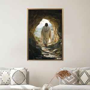 Arte en lienzo de la Resurrección de Jesús: Escena bíblica en beige, impresión decorativa de fe, lienzo con marco dorado - Product Image 1