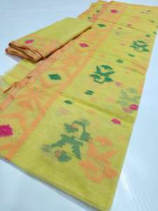 Tendance Jaune Desi Dhakai Bleu Ciel Jamdani Sharee Haute Qualité pour Femme JAMDANI TISSU VERT Bleu ROUGE Doré du Bangladesh - Product Image 6