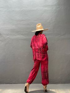 2023 attrayant cravate teinture deux pièces pyjama ensemble décontracté grande taille vêtements de détente avec manches longues Kimono parole longueur robe tissée - Product Image 5