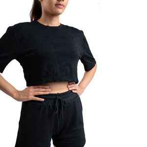 T-shirt court avec logo personnalisé respirant noir 100% coton pour femmes hauts courts à quantité minimale de commande bas vente en gros - Product Image 4