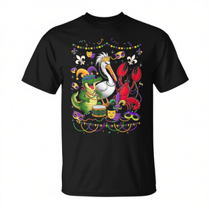 T-shirt Mardi Gras con Alligatore, Pellicano e Gambero di Fiume Marrone dalla Louisiana - Collezione ABC T-shirt Promozionali Premium - Product Image 2