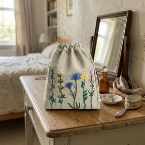 Bolsa de Algodón Reutilizable con Cordón, Ecológica, Duradera, con Bordado Floral Amarillo, Diseño Elegante para Guardar Artículos Pequeños - Product Image 6