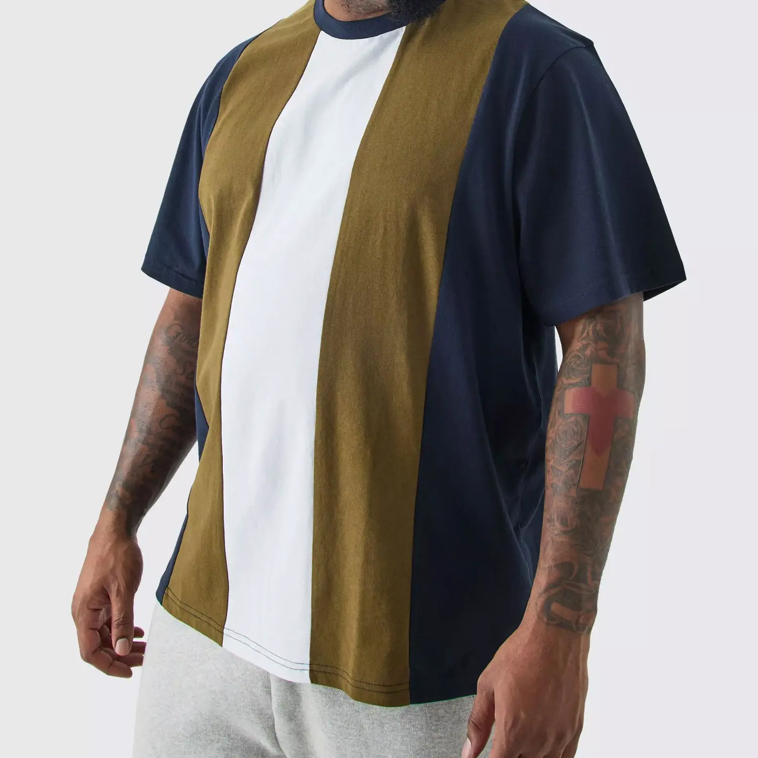 Premium 100% Katoenen Navy Colour Blok T-Shirt Heren Ronde Hals Korte Mouw Effen T-Shirt Verticaal Gestreept Casual Shirt