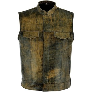 Gilet en cuir véritable marron vieilli, sans col, style vintage, respirant, avec boutons recouverts et poches poitrine, idéal pour l'automne - Product Image 1