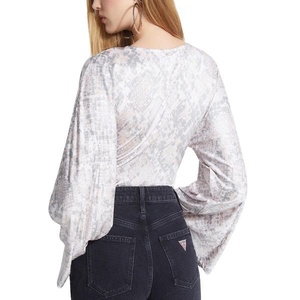 For Guess Women's Jazzi <b>Bodysuit</b> Gray Medium Size Square Neck Short Sleeve Winter Summer Print Skinny Tummy <b>Control</b> Spring Solid - Product Image 3