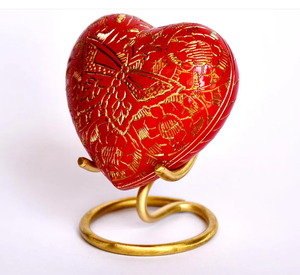 Beautiful Red color with Butterfly Engraved Heart <b>Keepsake</b> with stand Brass Cremation for <b>Ashes</b> - Product Image 2