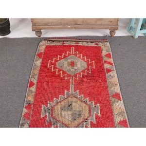 Turkish Rug, 2.8x10.3 ft <b>Runner</b> Rug, <b>Red</b> Gray Herki Wool Rug - Product Image 3