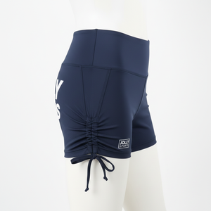 Shorts de sport pour femmes en nylon et élasthanne extensible, bleu marine, avec logo personnalisé par transfert thermique sur les côtés ajustables. - Product Image 3