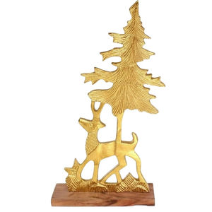 Décoration de cerf forestier vintage en métal, finition dorée, figurine en aluminium sur base en bois, sculpture d'accent de table de Noël, directement de l'usine - Product Image 1