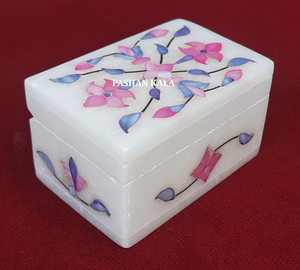 Design de fleurs exclusif incrustation de marbre blanc rose et bleu MOP boîte à bijoux forme rectangulaire avec surface brillante pour cadeau d'affaires - Product Image 2