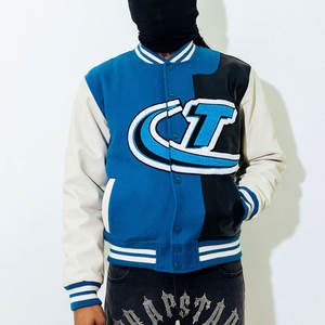 Chaquetas con letras de béisbol de chenilla bordadas de lana con logotipo personalizado para hombre, chaqueta universitaria de manga de cuero en blanco Vintage con cuello levantado - Product Image 5