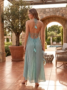 V-neck <b>Backless</b> Tassel Geometric Floral Print Maxi Sundress Natural Waist A-Line Woven Fabric Eco-friendly Cotton Summer <b>Dress</b> - Product Image 5