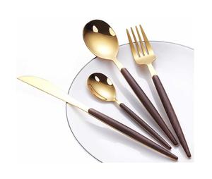 Elegante y moderno juego de cubiertos de acero inoxidable con mangos de madera perfectos para mesas contemporáneas y eventos formales - Product Image 1