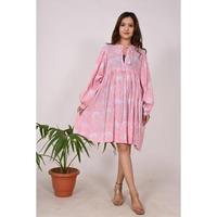 Robe pour femme faite à la main, style bohème, 100% coton, col en V, manches bouffantes, imprimé floral, imprimé au bloc, lavable, style designer, ethnique