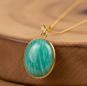 Vente en gros de chaîne délicate en argent sterling 925 avec pendentif de forme ovale en amazonite naturelle de Bohème en or 18 carats - Product Image 1
