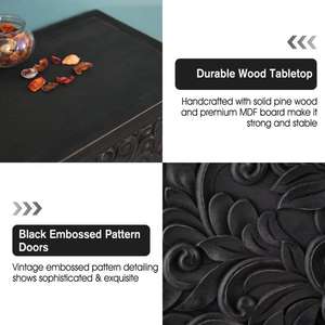 Armoire d'appoint modulaire en bois massif à deux portes, motif floral noir sculpté à la main, design gain de place, salon moderne, comprend l'intérieur - Product Image 6