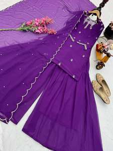 Nouvel ensemble Kurti-Sarara moderne de créateur en faux soie Georgette brodée à séchage rapide avec col à sequins, comprenant un haut, un pantalon palazzo et un dupatta, motif renard, pour soirée - Product Image 5