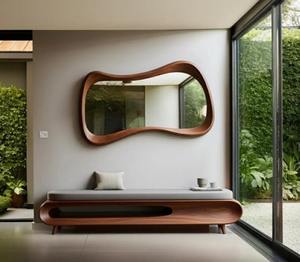 Solid Walnut Organic Eco-Friendly Art Deco <b>Mirror</b> with Hand Carved Asymmetric Wooden Frame at Cheap Price - Product Image 3