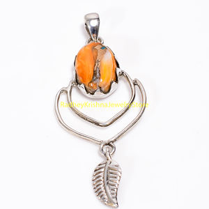 Pendentif en argent sterling 925 avec motif de feuille en cabochon de corail orange naturel - Product Image 3
