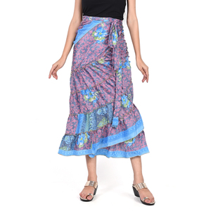 Ethnic Tiered Maxi <b>Skirt</b> in Recycled Sari Fabric Colorful Wrap Around Design Lightweight Viscose for Women Summer Wear - Product Image 4