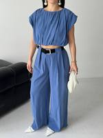 Ensemble pantalon deux pièces tissé personnalisable pour femme, col licou sans manches, longueur genou, en polyester, fabriqué en Turquie, vente en gros