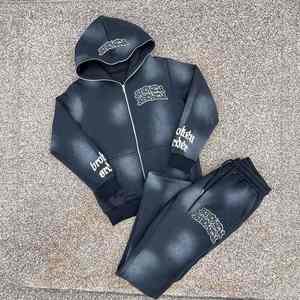 Streetwear d'hiver personnalisé survêtement ensemble de jogging vintage sweat à capuche zippé délavé à l'acide pantalon de survêtement évasé jambe droite survêtement hommes 100% - Product Image 4
