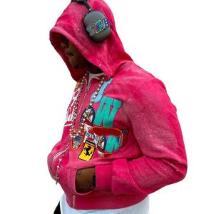 Logo personnalisé Fabricants de haute qualité Fermeture éclair Thermique Surdimensionné Basics Strass Ourlet brut Bord coupé Visage intégral Sweats à capuche zippés - Product Image 5