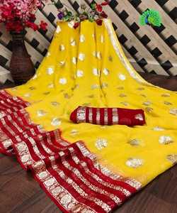 Chiffon Saree with <b>Brooches</b> and Stitched Blouse for Elegant Party Wear <b>Women</b> - Product Image 6