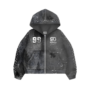 Sweat à capuche court zippé personnalisé avec impression intégrale, broderie vieillie, coupe ample, délavage acide et strass - Product Image 6