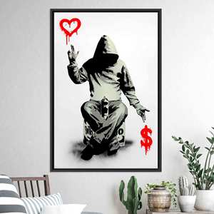 Impresión en Lienzo de Graffiti de Banksy, Amor o Dólares: Decoración de Pared de Arte Urbano Moderno, Lienzo con Marco Negro - Product Image 1