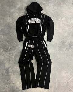 ชุดสตรีทแวร์สไตล์วินเทจ ลวดลายฟอกสี ชุดเซ็ตเสื้อฮู้ดซิปและกางเกงขายาวทรงบาน แต่งลายปะติด - Product Image 1