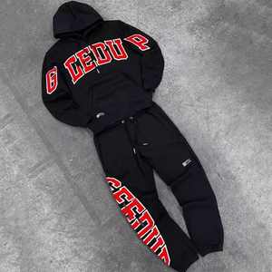 Survêtement pour hommes personnalisé logo noir haut court survêtement évasé 100% coton 350 GSM survêtements pantalons de survêtement et ensembles de sweat à capuche pour hommes - Product Image 5