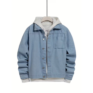 Vente en gros 100% veste en jean à capuche bleue de haute qualité en coton pour hommes conception droite personnalisée et logo tissu tricoté délavé à l'acide - Product Image 1