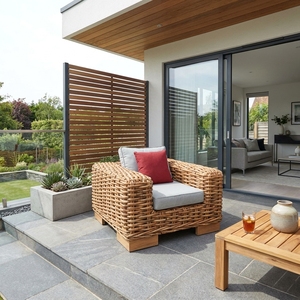 Natural Rattan Woven Outdoor Armchair Grey Cushion Red <b>Throw</b> Pillow Single Lounge <b>Chair</b> Setup Decor Pure Art Design - Product Image 2