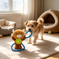 Jouet pour chien en peluche vache des Highlands avec anneaux en corde de coton, jouet interactif à tirer et couineur en peluche douce pour chiens de petite et moyenne taille