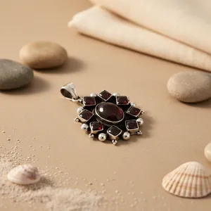 Pendentif en argent sterling 925 en forme de fleur chrétienne avec motif goutte d'eau et pierre précieuse grenat, bijou plaqué or rose pour femme - Product Image 1