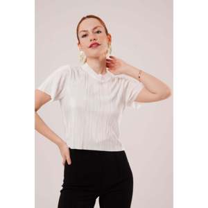 Lustrin Women's Ribbed Short Sleeve Shiny White Blouse - Wholesale Polyester Knit <b>Top</b> for Casual Wear - Product Image 4